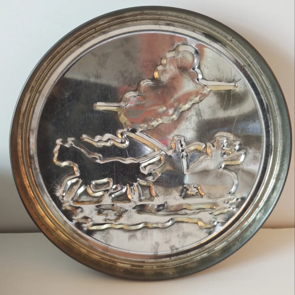 Vintage Faux Wedgewood China Tin Box Storage Horse and Carriage Buggy Blue White